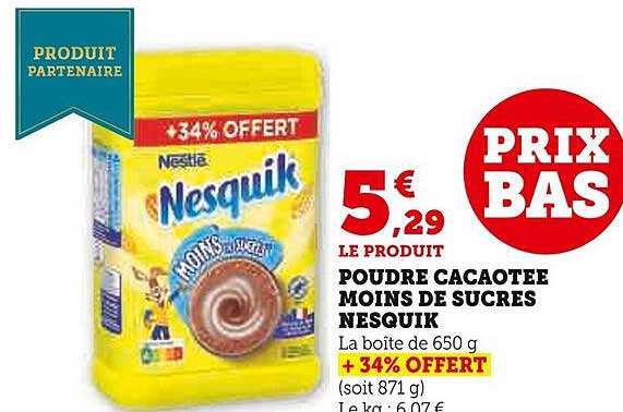 poudre cacaotée moins de sucres nesquik