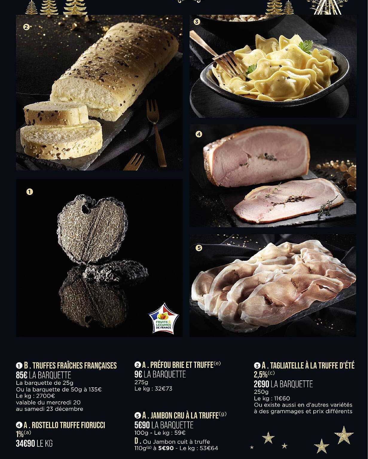 Truffes Fraîches Françaises, Préfou Brie Et Truffe, Tagliatelle à La Truffe D'été, Rostello Truffe Fiorucci, Jambon Cru à La Truffe