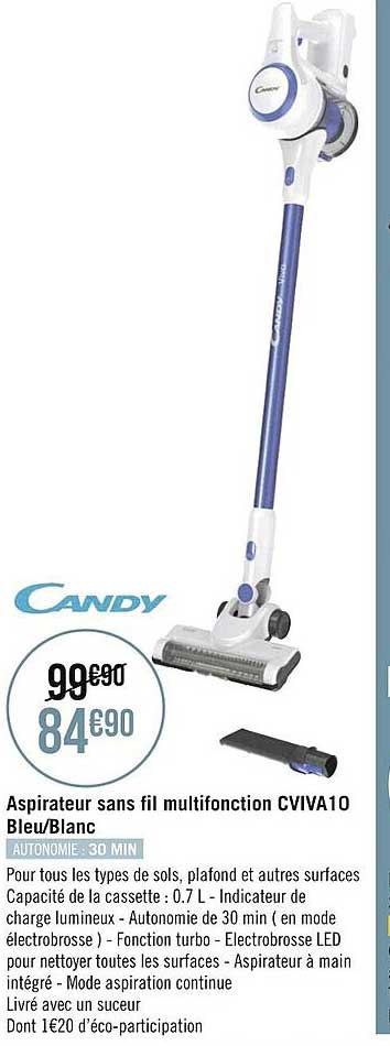 aspirateur sans fil multifonction cviva10 bleu-blanc candy