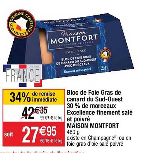 Bloc De Foie Gras De Canard Du Sud-ouest 30% De Morceaux Excellence Finement Salé Et Poivré Maison Montfort