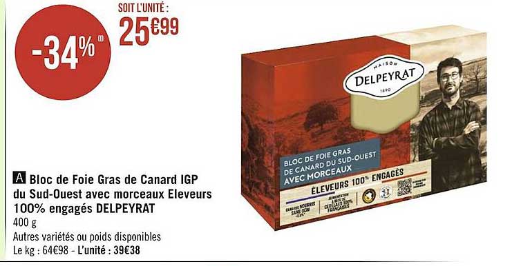 bloc de foie gras de canard igp du sud-ouest avec morceaux éleveurs 100% engagés delpeyrat
