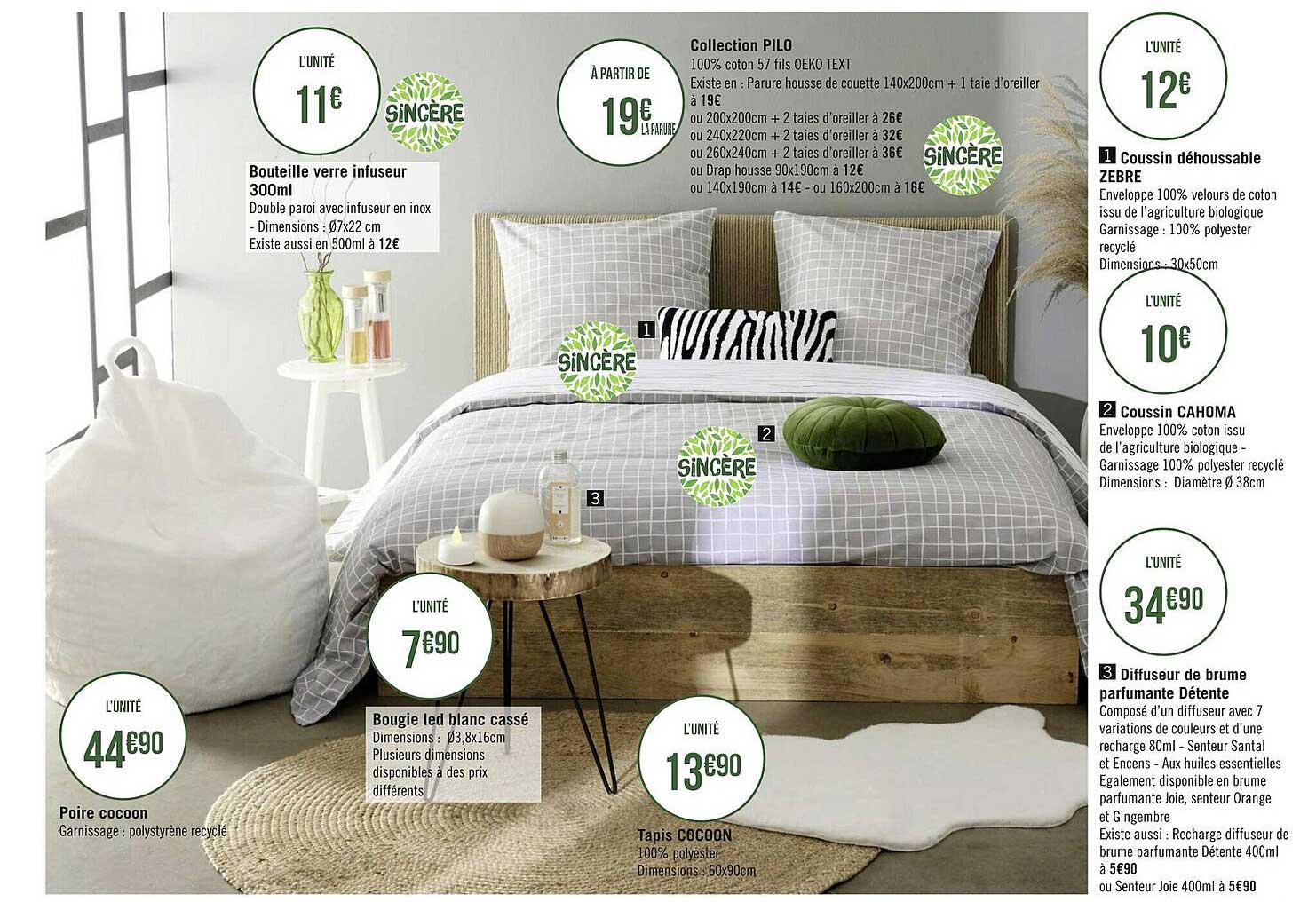 bouteille verre infuseur 300ml, poire cocoon, bougie led blanc cassé, collection pilo, coussin déhoussable, coussin cahoma, diffuseur de brume parfumante détente