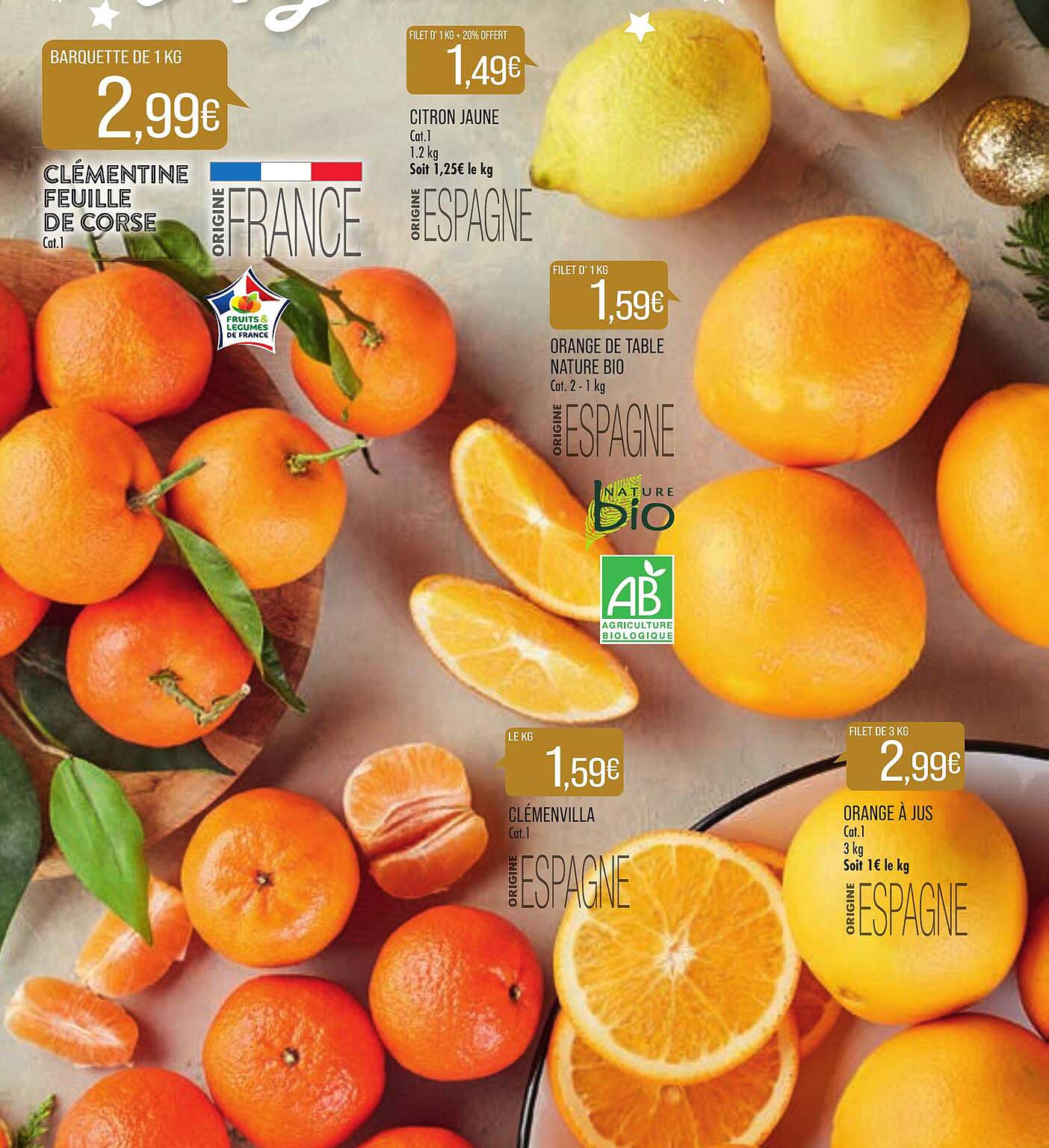 clémentine feuille de corse, citron jaune, orange de table nature bio, clémenvilla, orange à jus