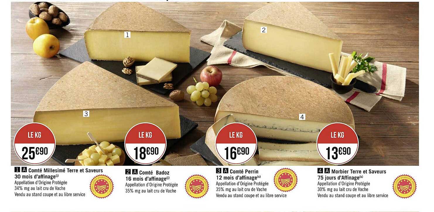 Comté Millesimé Terre Et Saveurs 30 Mois D'affinage, Comté Badoz 16 Mois D'affinage, Comté Perrin 12 Mois D'affinage, Morbier Terre Et Saveurs 75 Jours D'affinage
