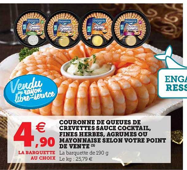 couronne de queues de crevettes sauce cocktail, fines herbes, agrumes ou mayonnaise selon votre point de vente
