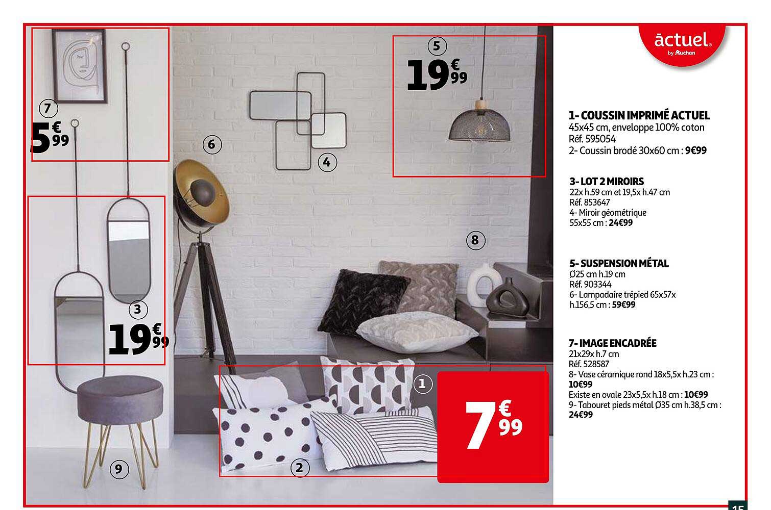 coussin imprimé actuel, lot 2 miroirs, suspension métal, image encadrée