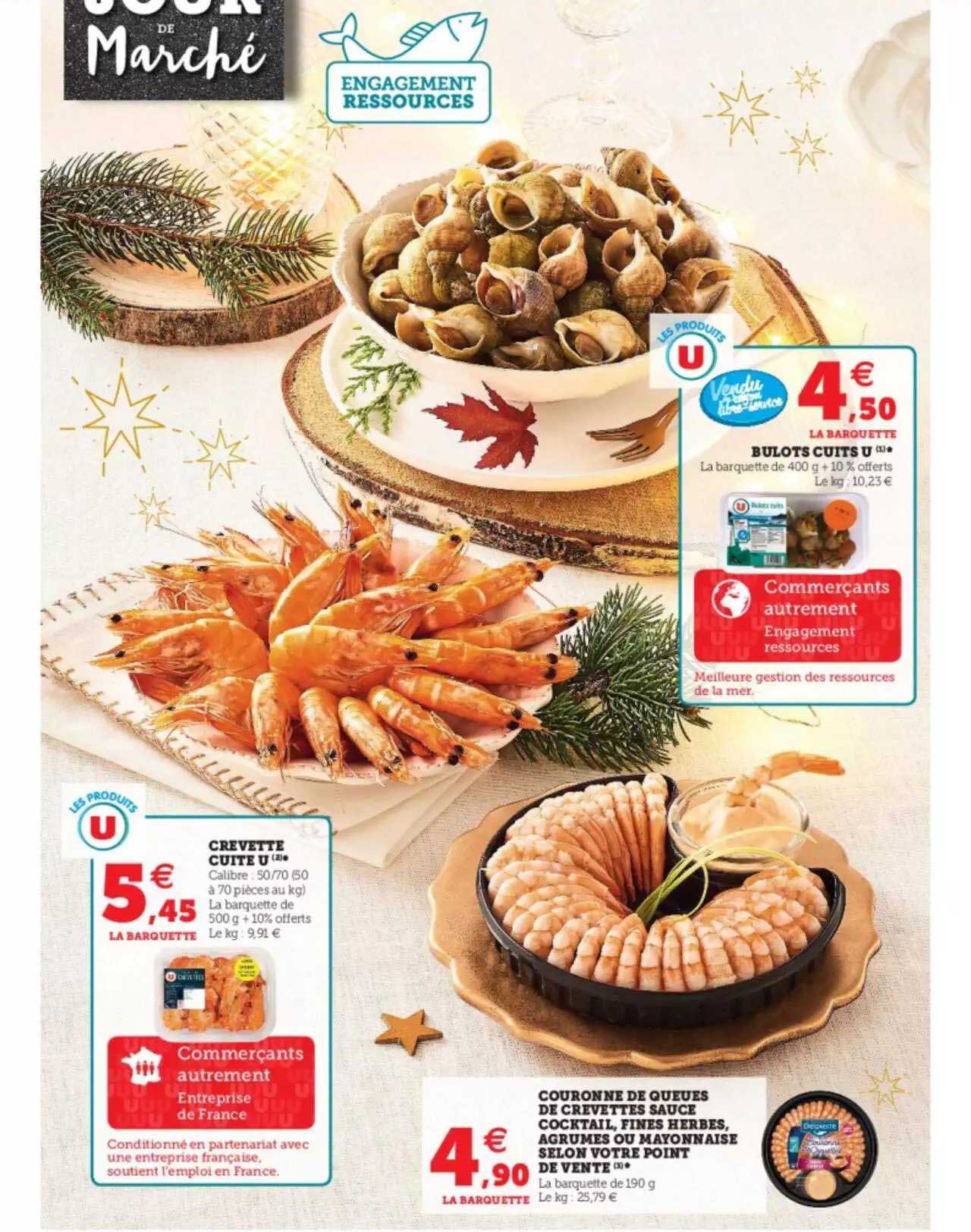 crevette cuite u, couronne de queues de crevettes sauce cocktail fines herbes, agrumes ou mayonnaise selon votre point de vente, bulots cuits u