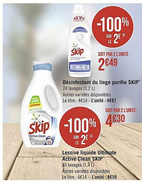 désinfectant du linge purifie skip, lessive liquide ultimate active clean skip