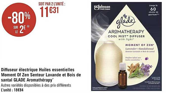 diffuseur électrique huiles essentielles moment of zen senteur lavande et bois de santal glade aromathérapy