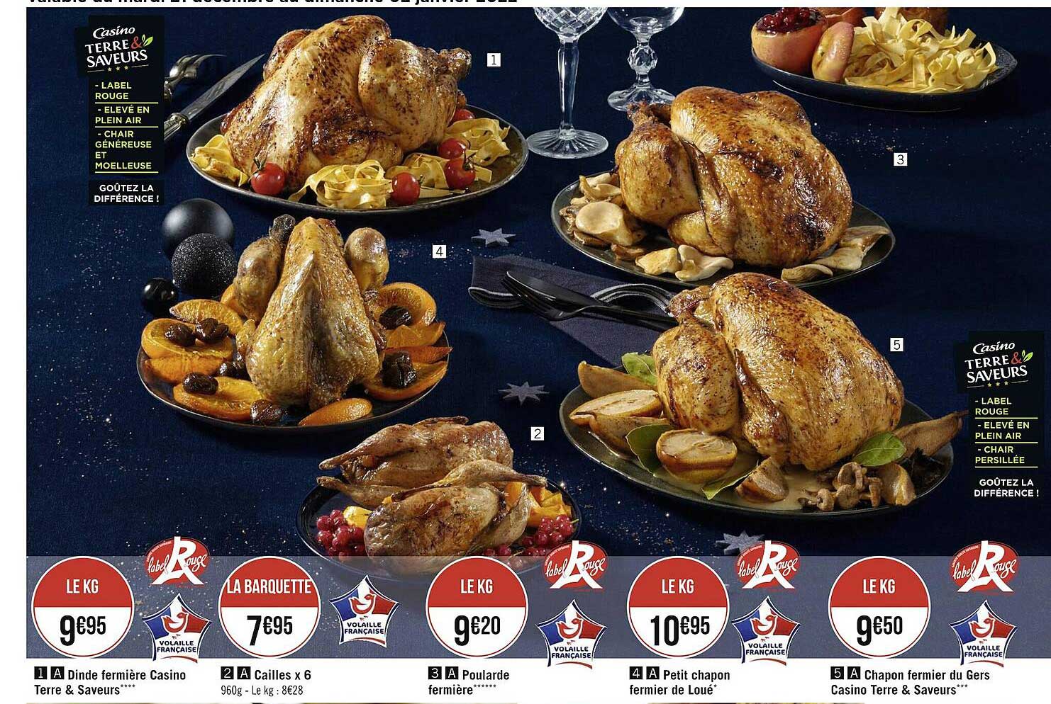 dinde fermière casino terre & saveurs, cailles x6, poularde fermière, petit chapon fermier de loué, chapon fermier du gers casino terre & saveurs