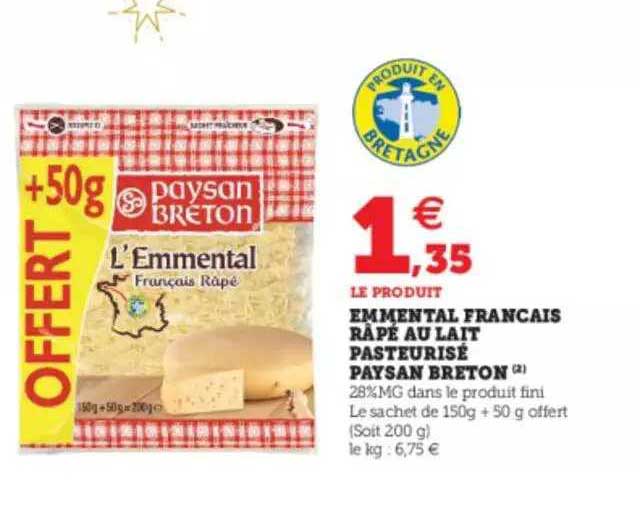 emmental français râpé au lait pasteurisé paysan breton