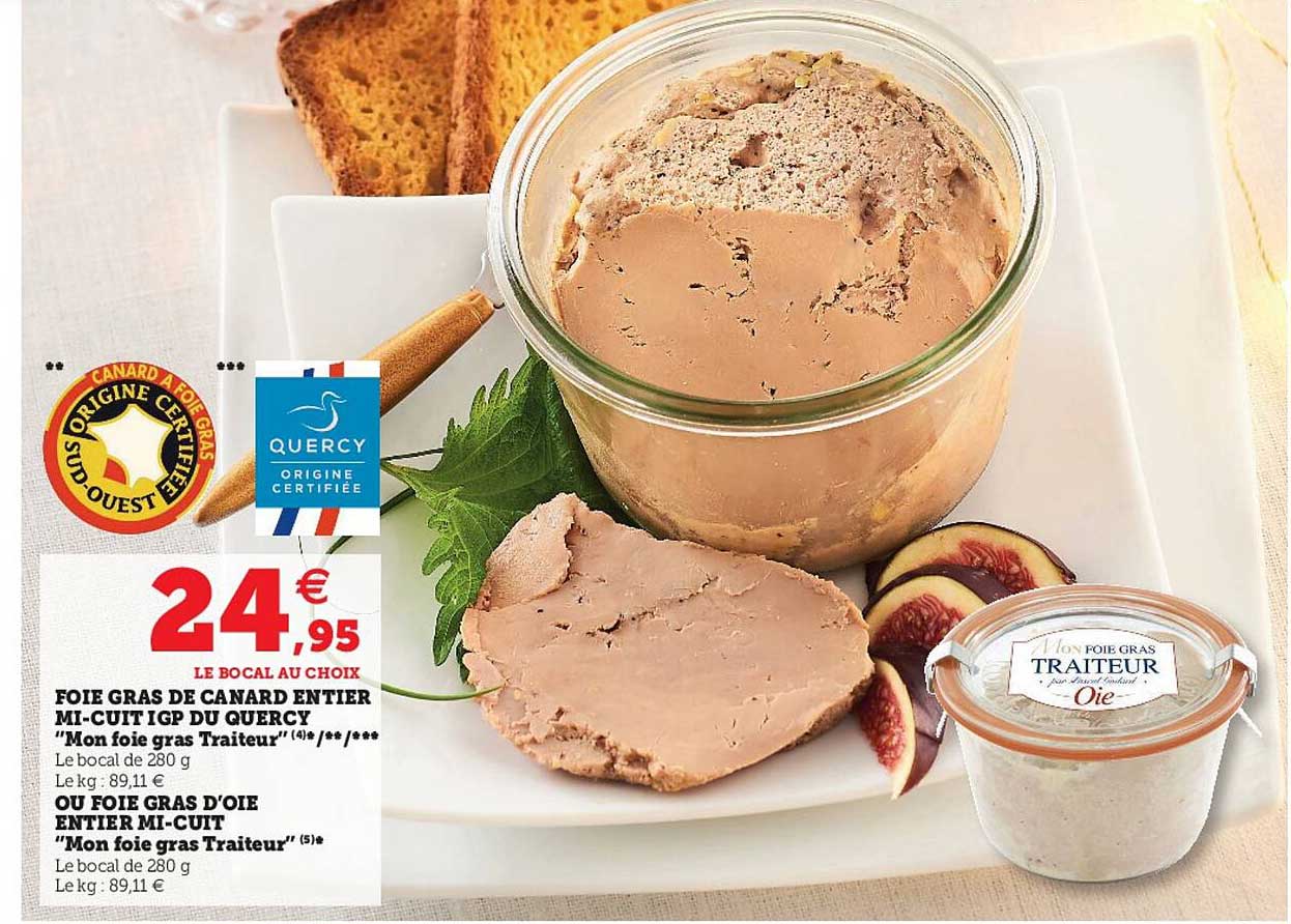 foie gras de canard entier mi-cuit igp du quercy ou foie gras d'oie entier mi-cuit "mon foie gras traiteur"