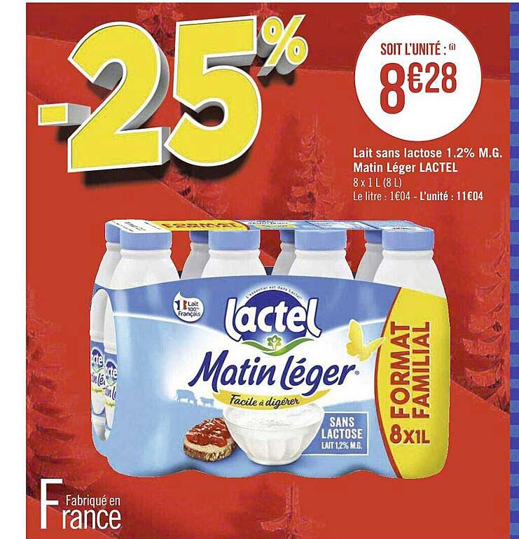 lait sans lactose 1.2% m.g. matin léger lactel