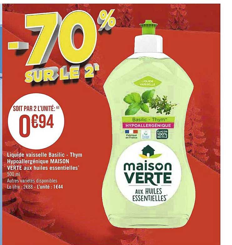 liquide vaisselle basilic - thym hypoallergénique maison verte aux huiles essentielles