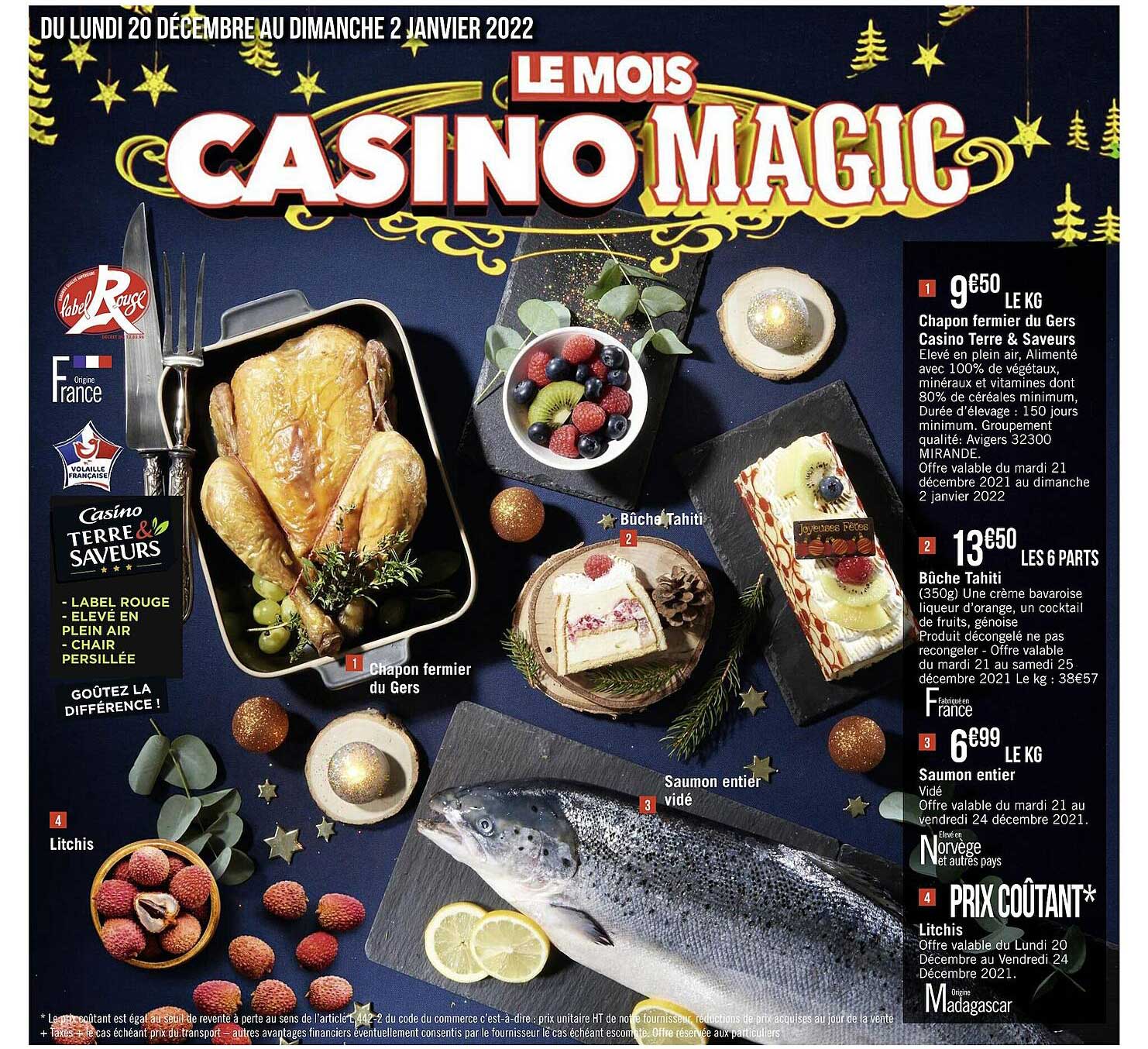 litchis, chapon fermier du gers casino terre & saveurs, bûche tahiti, saumon entier