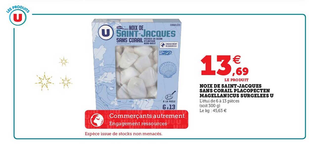 noix de saint-jacques sans corail placopecten magellanicus surgelées u