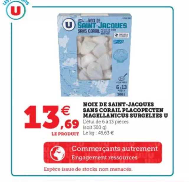 noix de saint-jacques sans corail placopecten magellanicus surgelées u