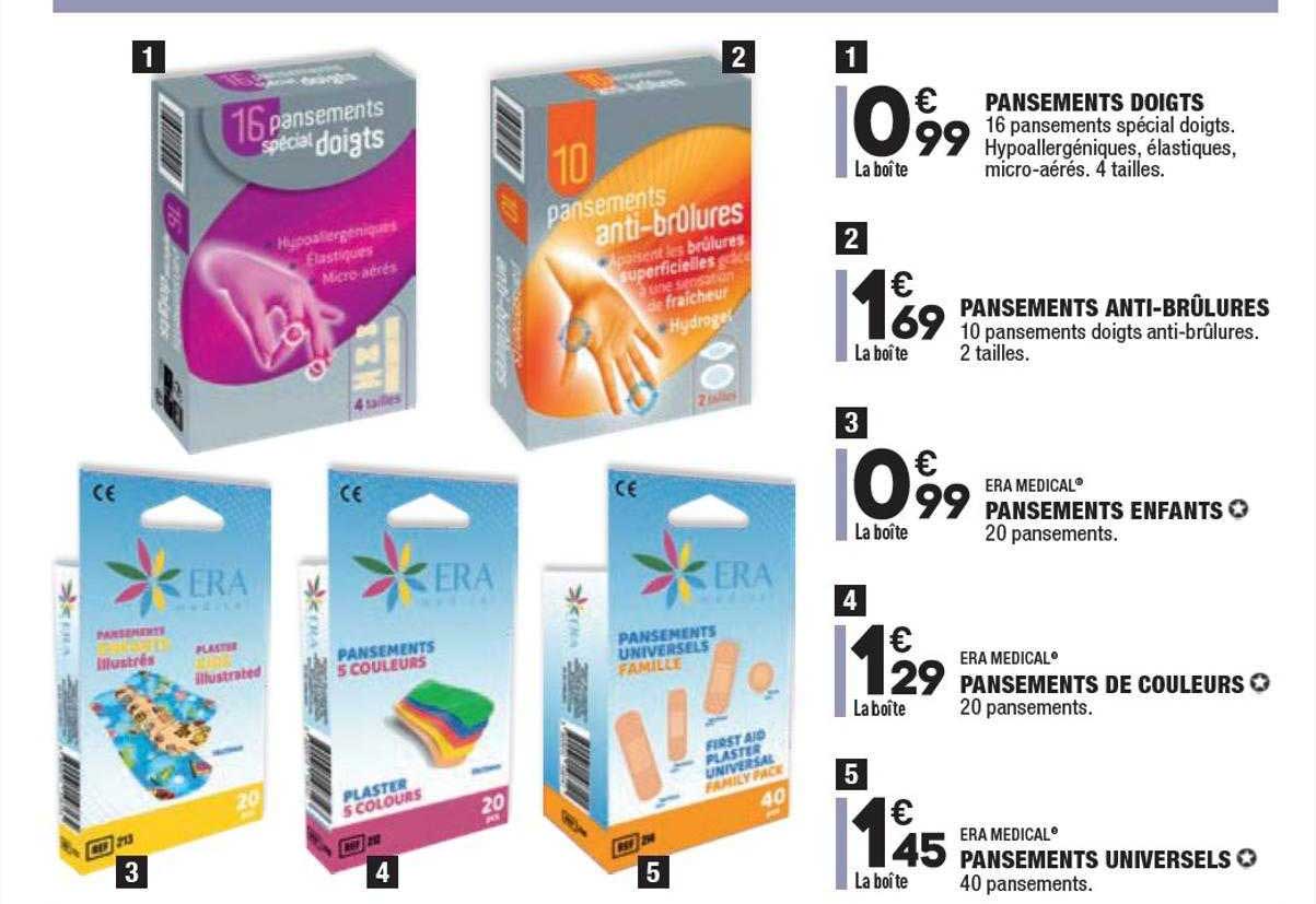 pansements doigts, pansements anti-brûlures, pansements enfants era medical, pansements de couleurs era medical, pansements universels era medical