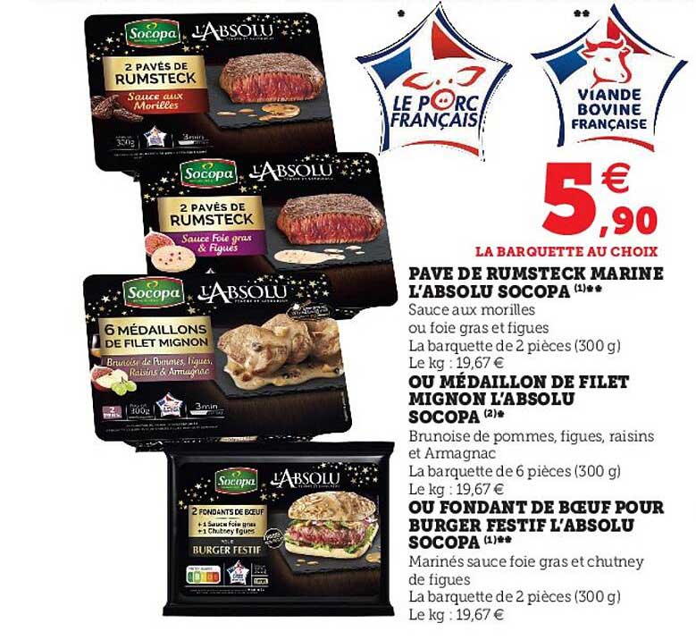 pavé de rumsteck mariné l'absolu socopa, ou médaillon de filet mignon l'absolu socopa ou fondant de boeuf pour burger festif l'absolu socopa