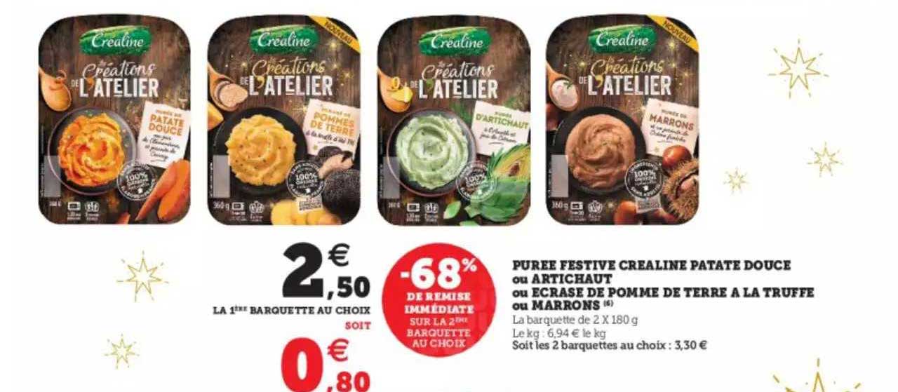purée festive créaline patate douce ou artichaut ou écrasé de pomme de terre à la truffe ou marrons