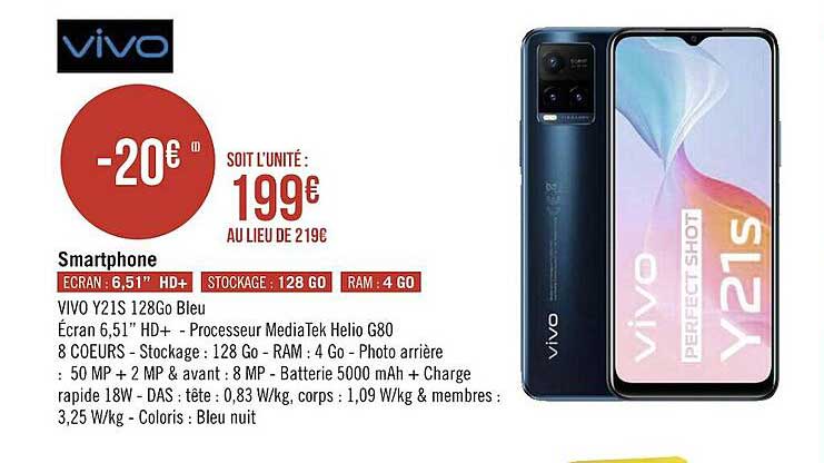 smartphone vivo y21s 128go bleu vivo