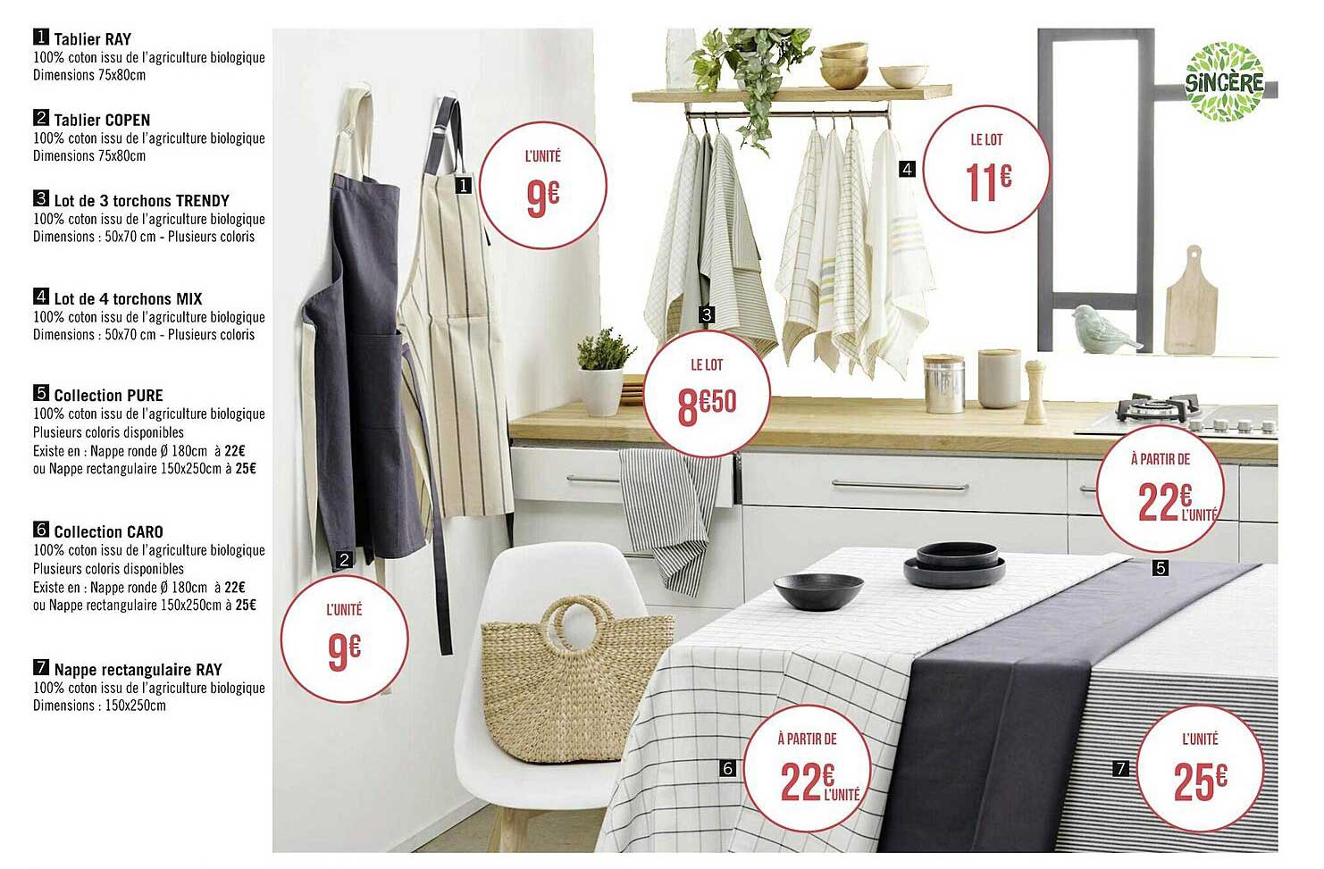 tablier ray, tablier copen, lot de 3 torchons trendy, lot de 4 torchons mix, collection pure, collection caro, nappe rectangulaire ray