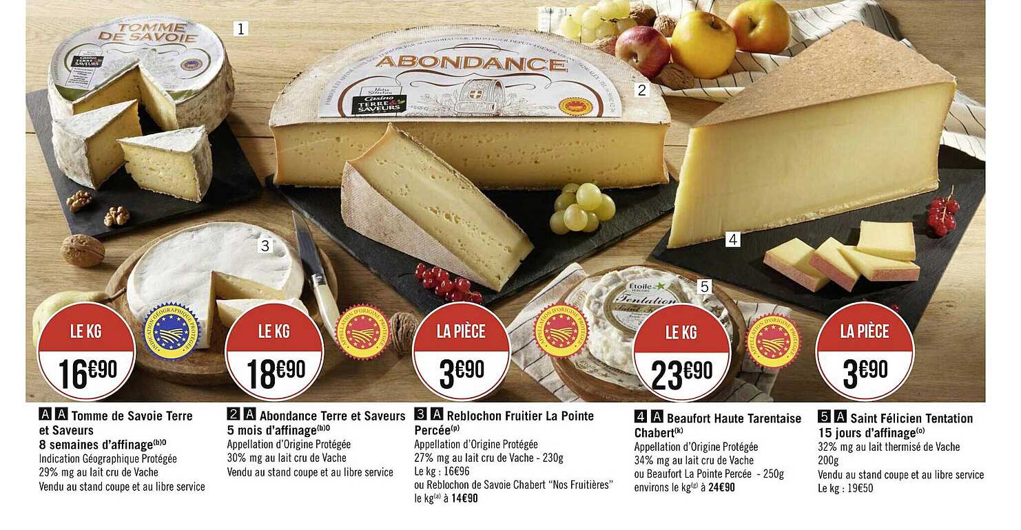 tomme de savoie terre et saveurs, abondance terre et saveurs 5 mois d'affinage, reblochon fruitier la pointe percée, beaufort haute tarentaise chabert, saint félicien tentation 15 jours d'affinage
