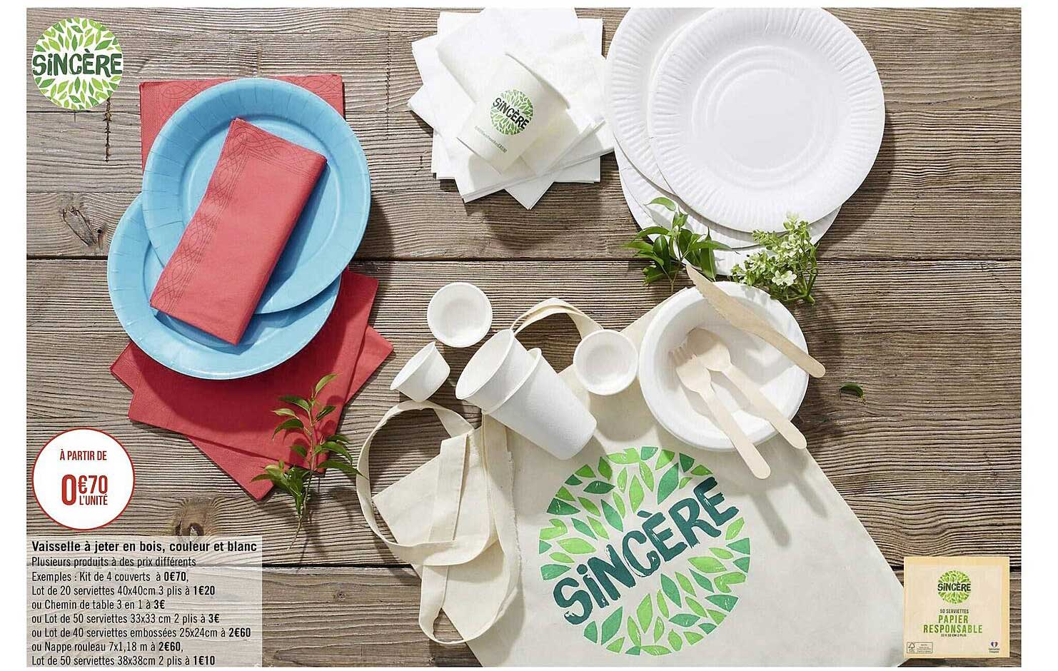 vaisselle à jeter en bois, couleur et blanc sincère