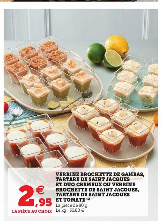 verrine brochette de gambas, tartare de saint jacques et duo crémeux ou verrine brochette de saint jacques, tartare de saint jacques et tomate