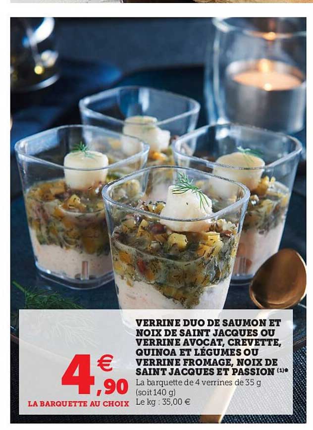 verrine duo de saumon et noix de saint jacques ou verrine avocat, crevette, quinoa et légumes ou verrine fromage, noix de saint jacques et passion