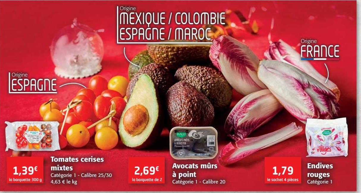 tomates cerises mixtes ou avocats mûrs à point ou endives rouges