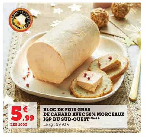 bloc de foie gras de canard avec 50% morceaux igp du sud-ouest