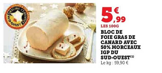 bloc de foie gras de canard avec 50% morceaux igp du sud-ouest