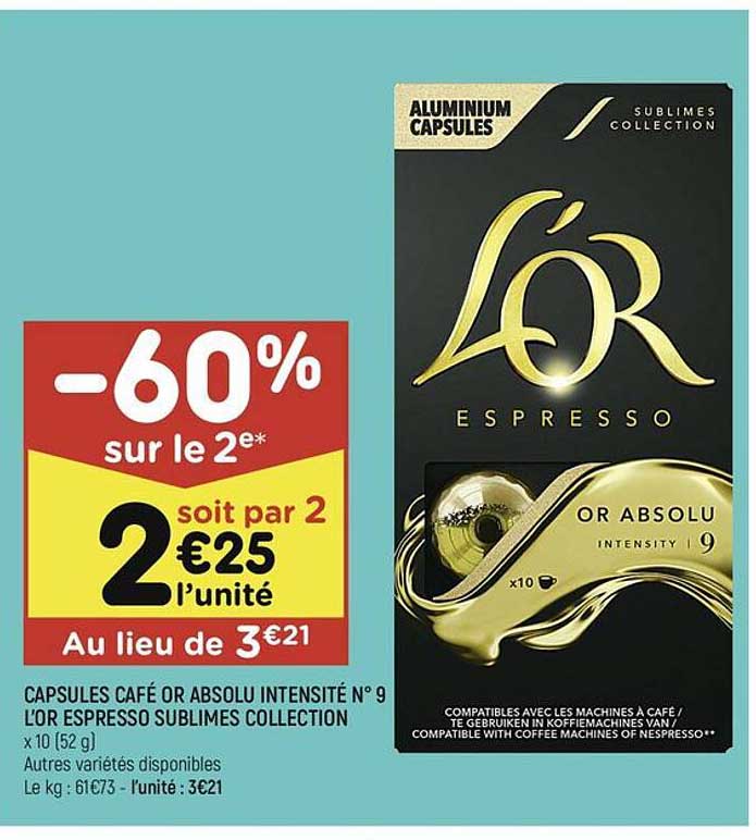 capsules café or absolu intensité n° 9 l'or espresso sublimes collection