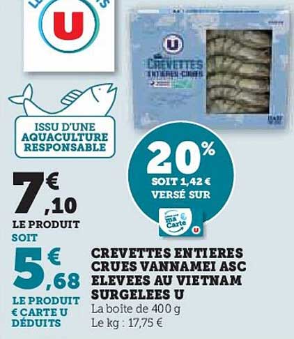 crevettes entieres crues  vannamei asc elevees au vietnam surgelees u