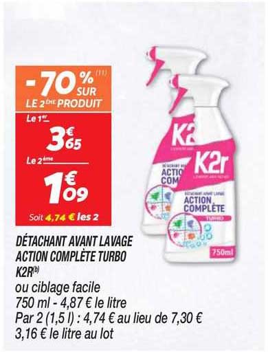 détachant avant lavage action complète turbo k2r