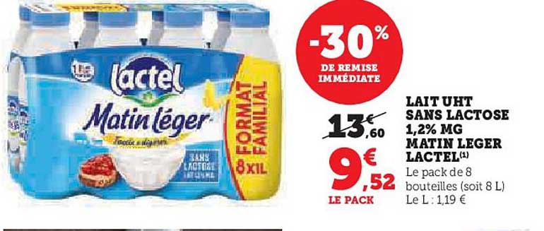lait uht sans lactose 1,2% mg matin leger lactel