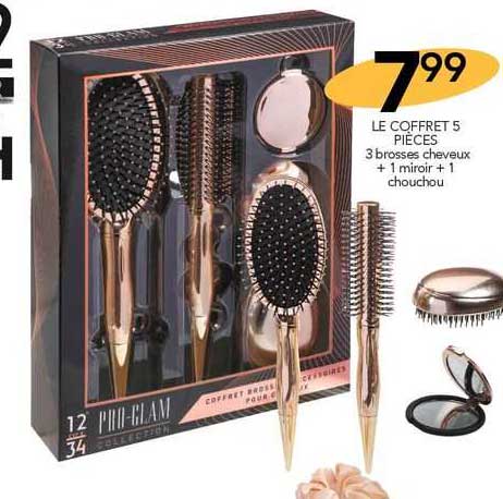 Le Coffret 5 Pièces 3 Brosses Cheveux + 1 Miroir + 1 Chouchou
