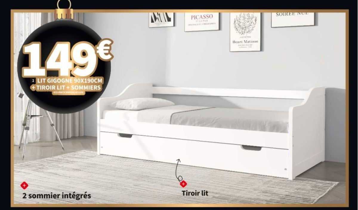 lit gigogne 90x190cm + tiroir lit + sommiers