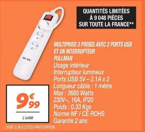 multiprise 3 prises avec 2 ports usb et un interrupteur pullman