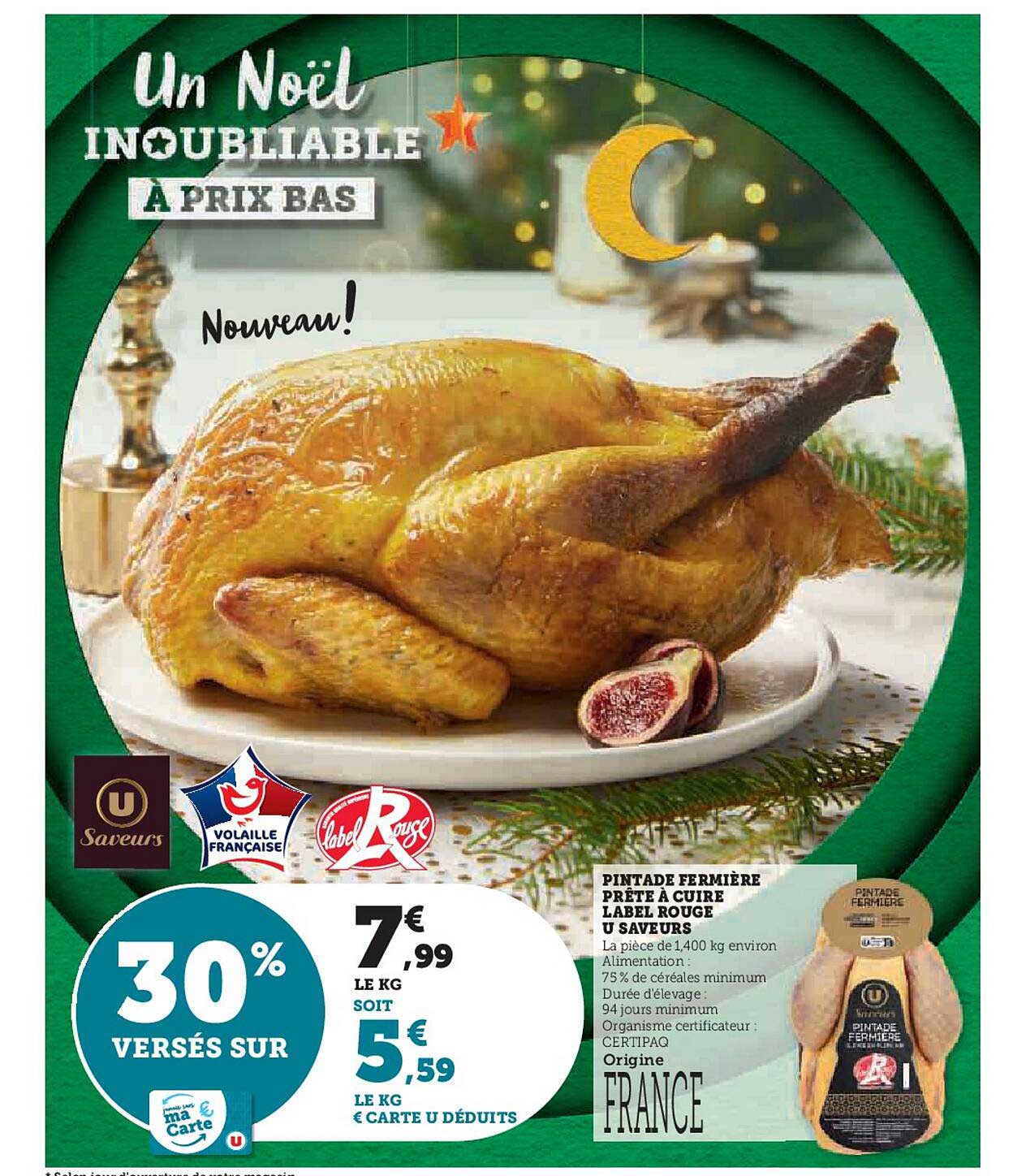 Pintade Fermière Prête à Cuire Label Rouge U Saveurs