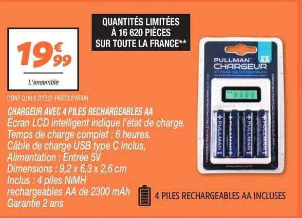 pullman chargeur avec 4 piles rechargeables AA