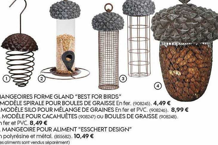 mangeoires forme gland "best for birds", modèle spirale pour boules de graisse en fer, modèle silo pour mélange de graines, modèle pour cacahuètes ou boules de graisse, mangeoire pour aliment