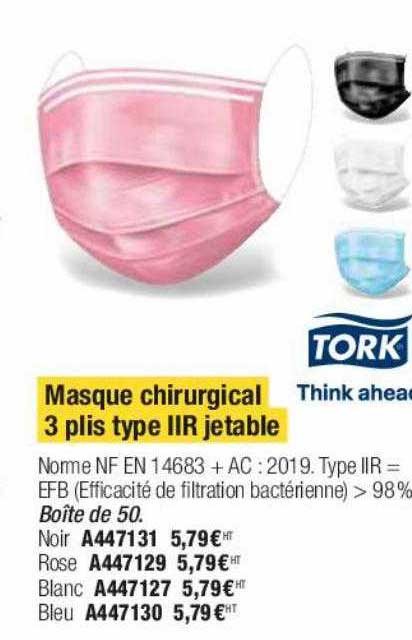 masque chirurgical 3 plis type IIR jetable tork