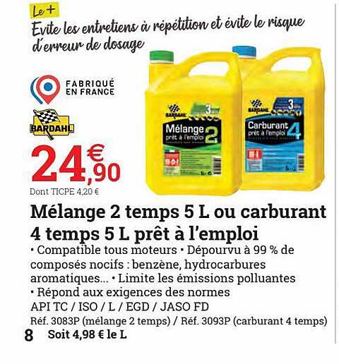 mélange 2 temps ou carburant 4 temps prêt à l'emploi bardahl