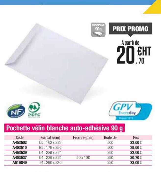 pochette vélin blanche auto-adhésive gpv