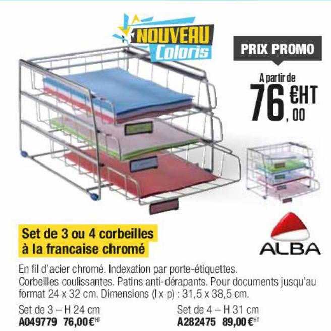 set de 3 ou 4 corbeilles à la française chromé alba