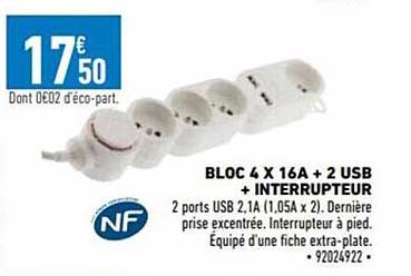 bloc 4 x 16a + 2 usb + interrupteur