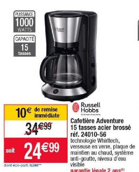 cafetière adventure 15 tasses acier brossé russell hobbs