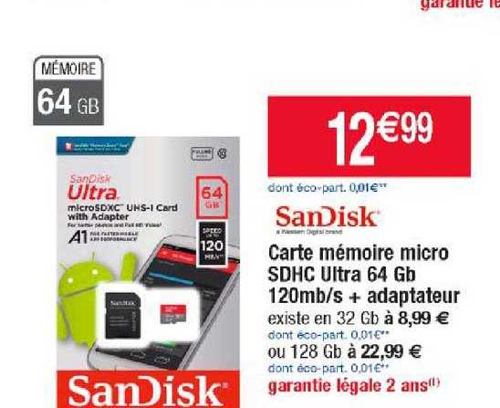 carte mémoire micro sdhc ultra 64 gb 120mb-s + adaptateur